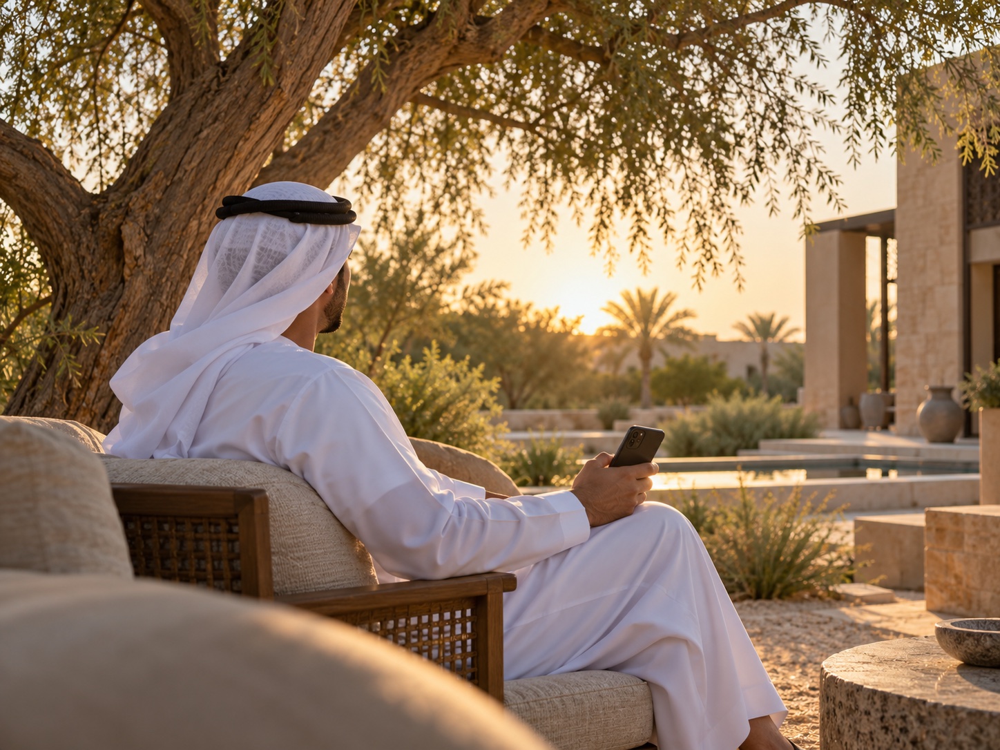 صاحب عمل يحمل هاتفاً في الخارج تحت شجرة وقت الغروب.