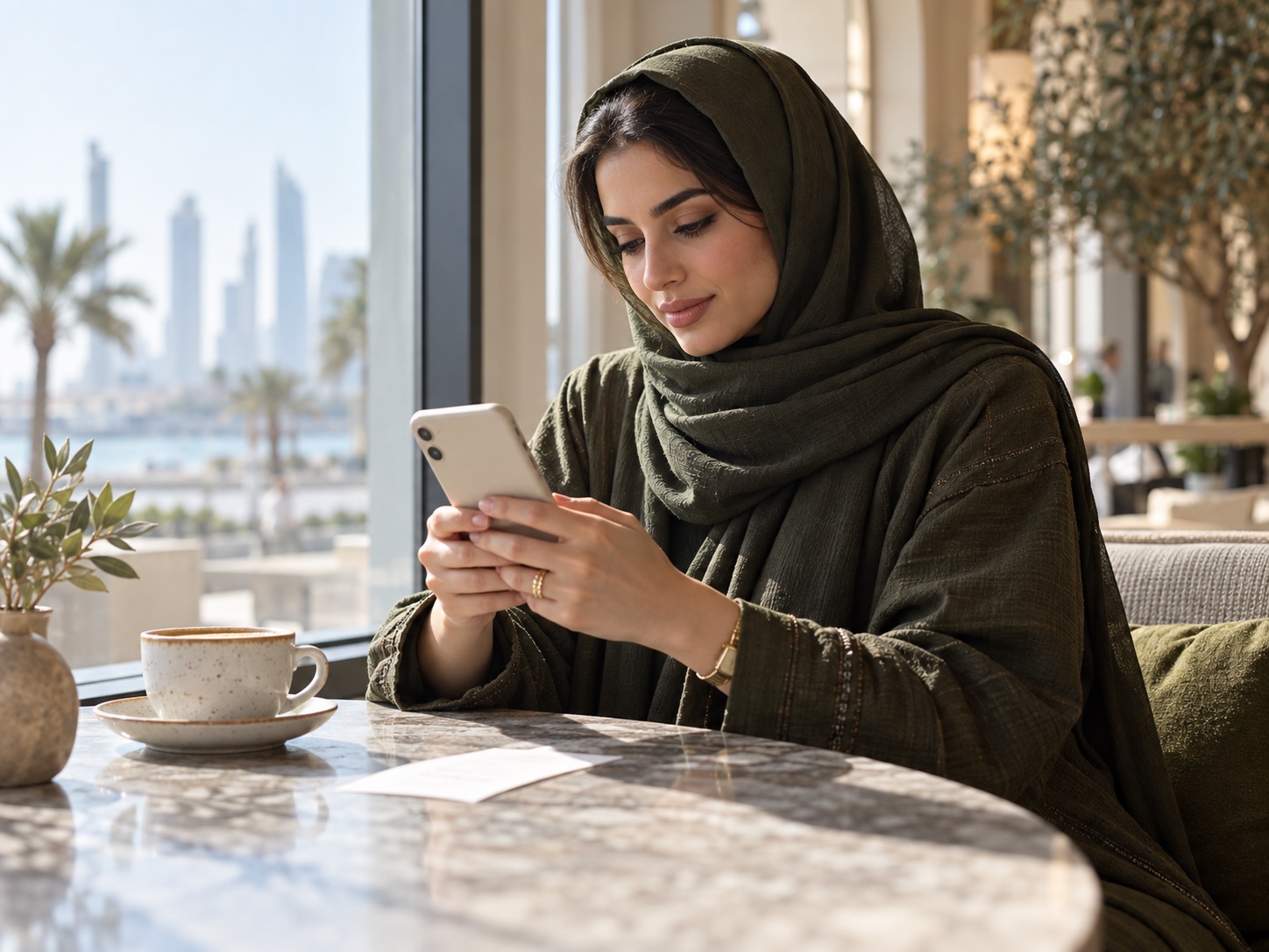 صاحبة عمل تراجع شيئاً على هاتف بينما تظل الشاشة بعيدة عن الأنظار.